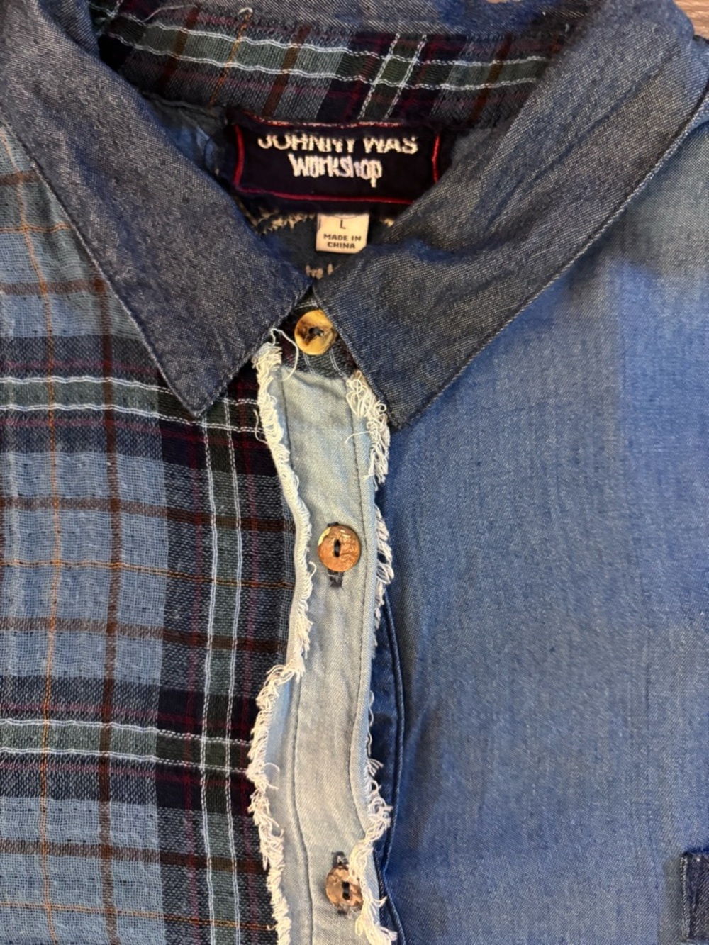 Johnny Was Workshop Blue Patchwork Denim & Plaid Button-Down - Picture 11 of 15